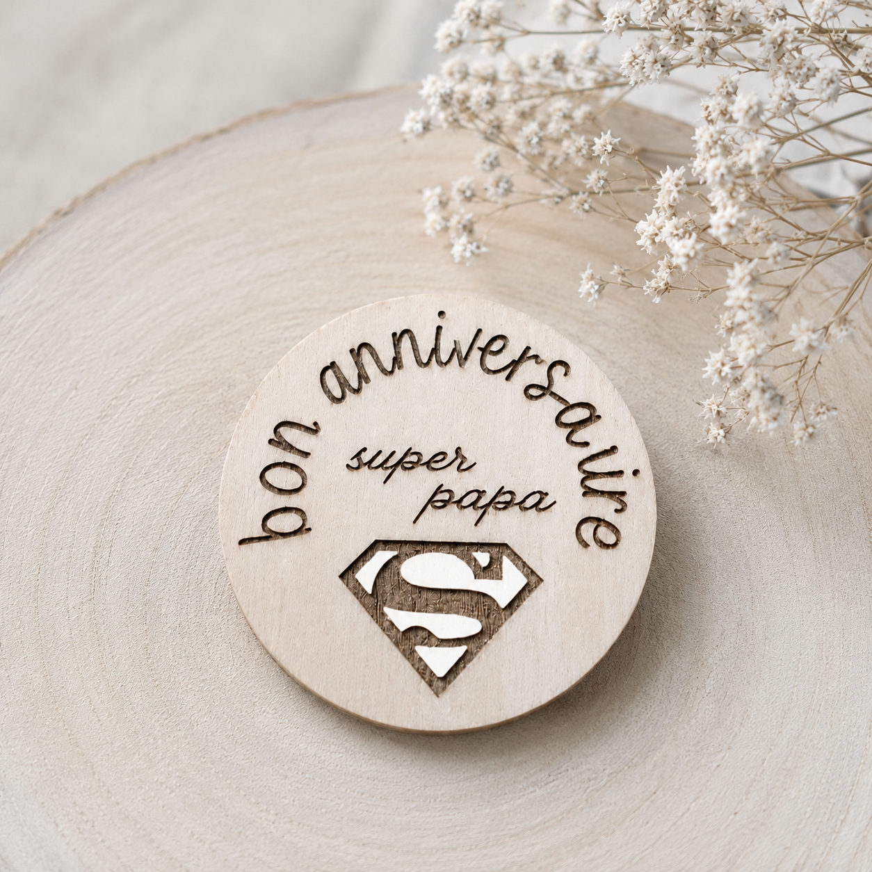 Magnet anniversaire "super papa" — fêtes en bois gravé, fait main