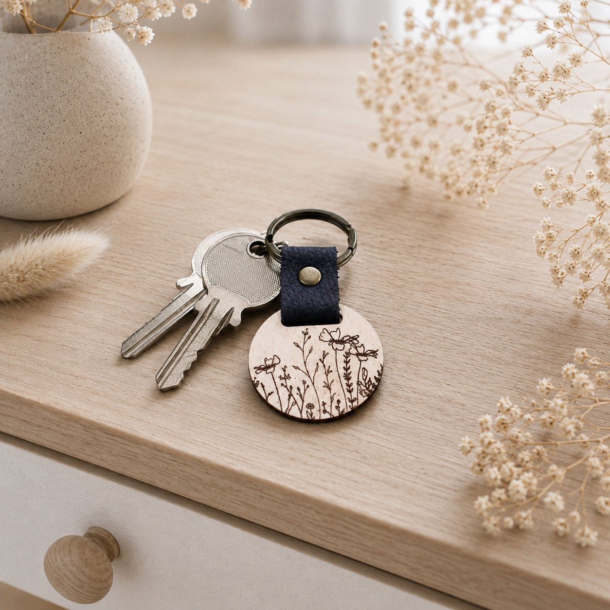 Porte clé en bois fleurs — portes clés en bois gravé, fait main