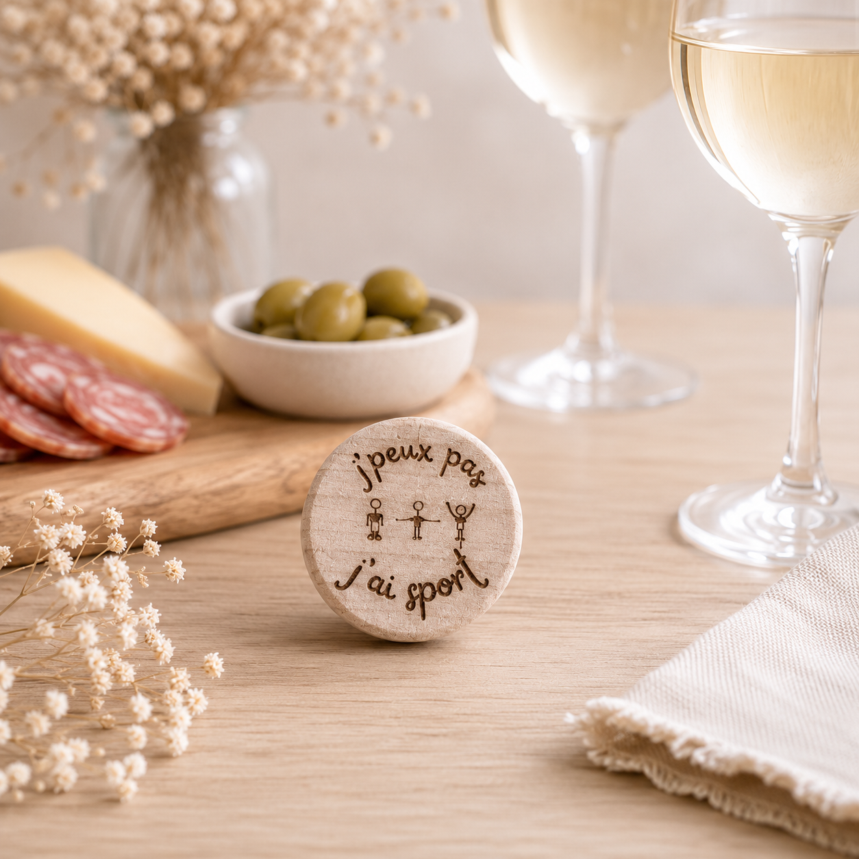 Bouchon "j'peux pas j'ai sport" — bouchons de bouteille en bois gravé, fait main