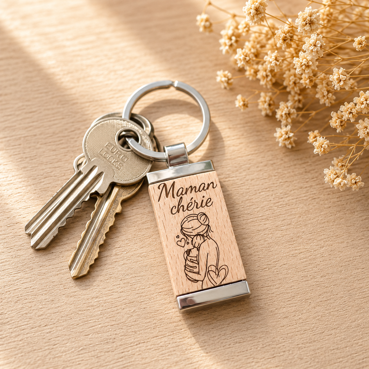 Porte clé "maman chérie" — spécial maman en bois gravé, fait main