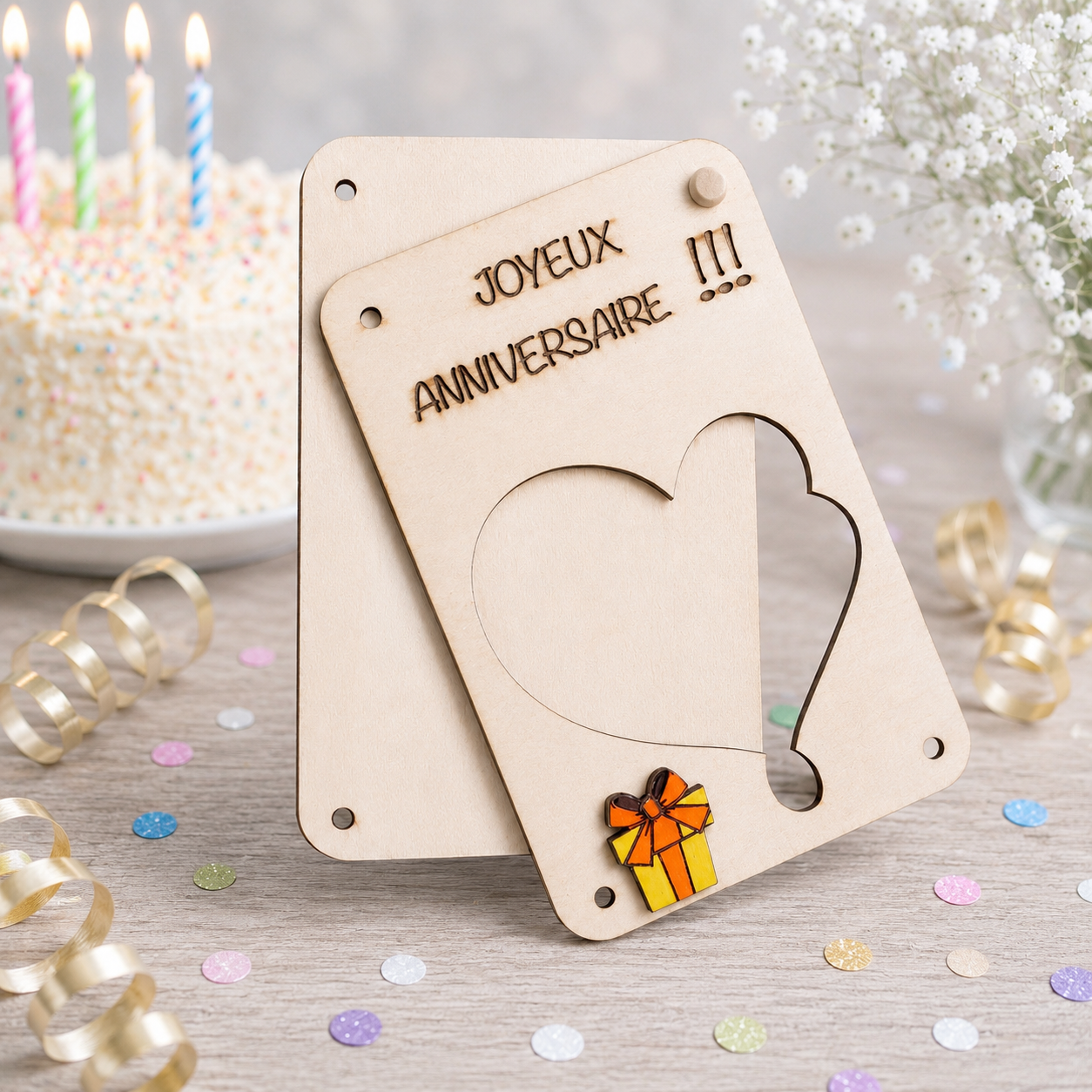 Carte cadeau anniversaire — cartes cadeau gravées en bois gravé, fait main