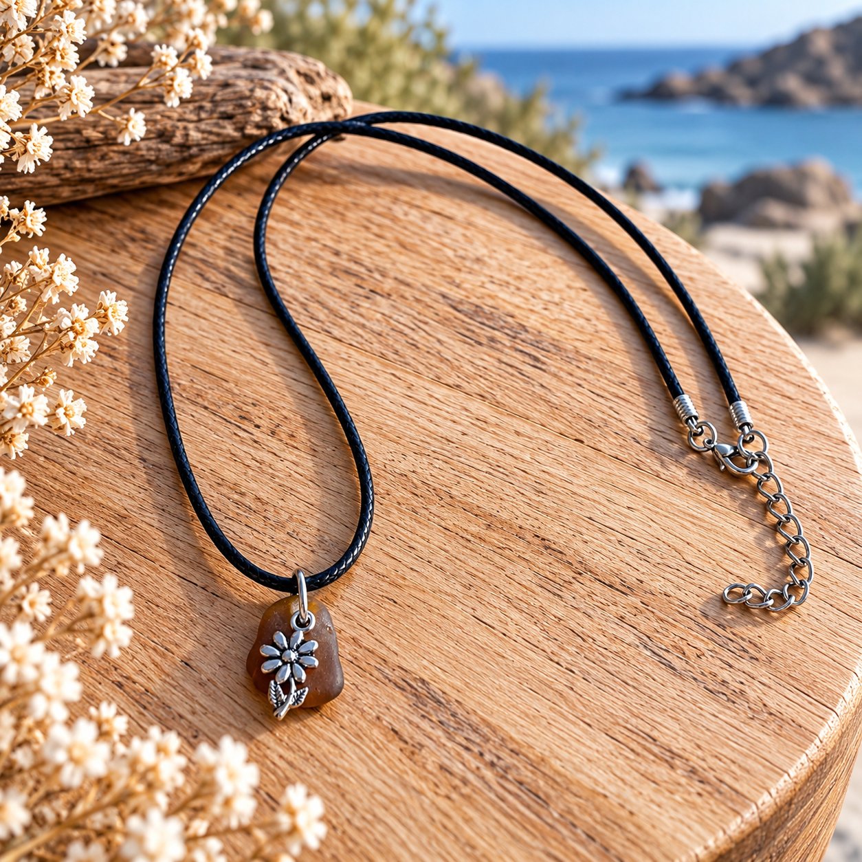 Collier verre poli fleur