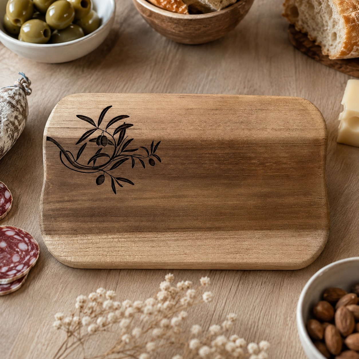 Planche apéro gravée branche d'olivier — création artisanale Scrapnwood