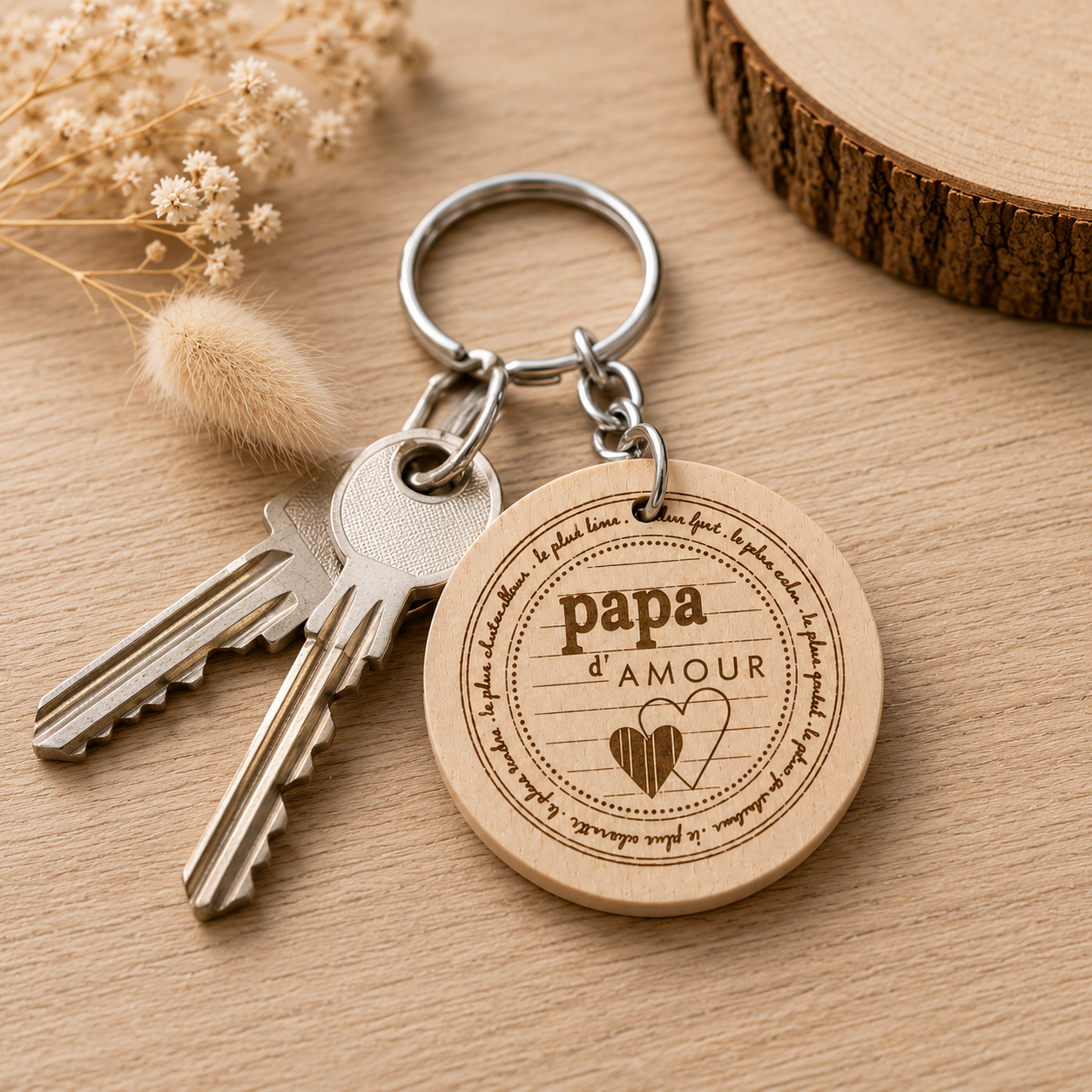 Porte clé bois "papa d'amour" — fêtes en bois gravé, fait main