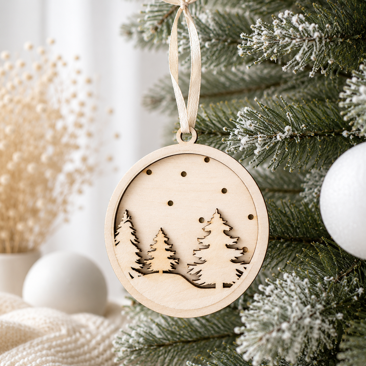Boule en bois sapins — noël en bois gravé, fait main