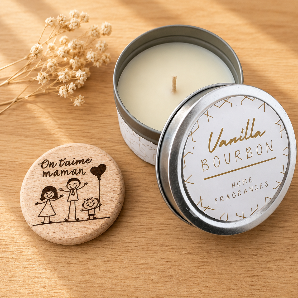 Bougie parfumée et son magnet — spécial maman en bois gravé, fait main