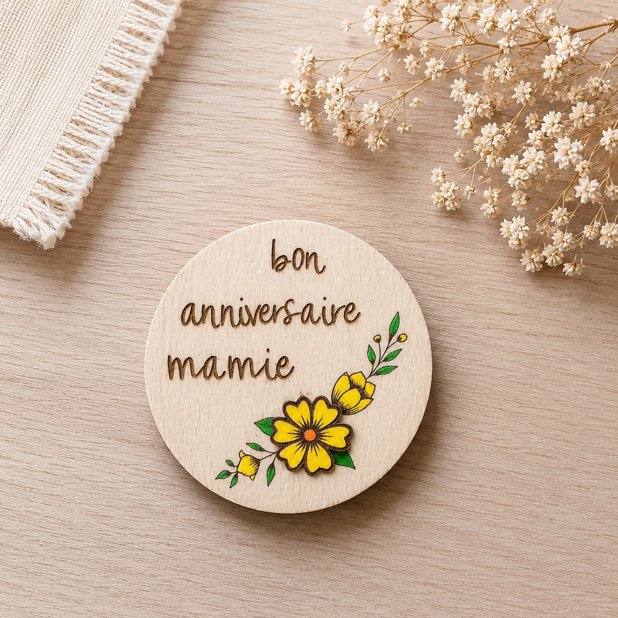 Magnet anniversaire mamie — fêtes en bois gravé, fait main