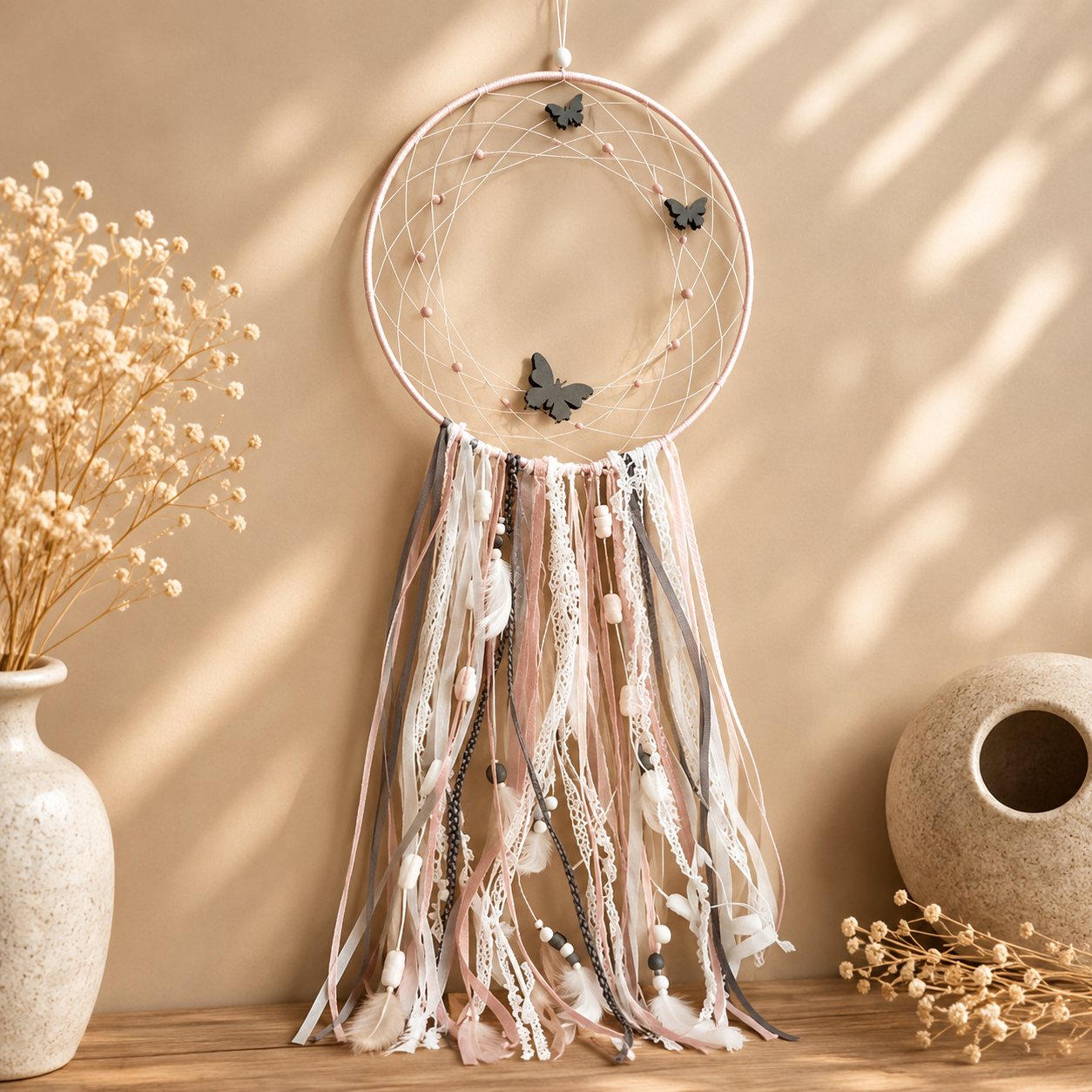 Attrape rêves rose et gris — attrapes rêves en bois gravé, fait main