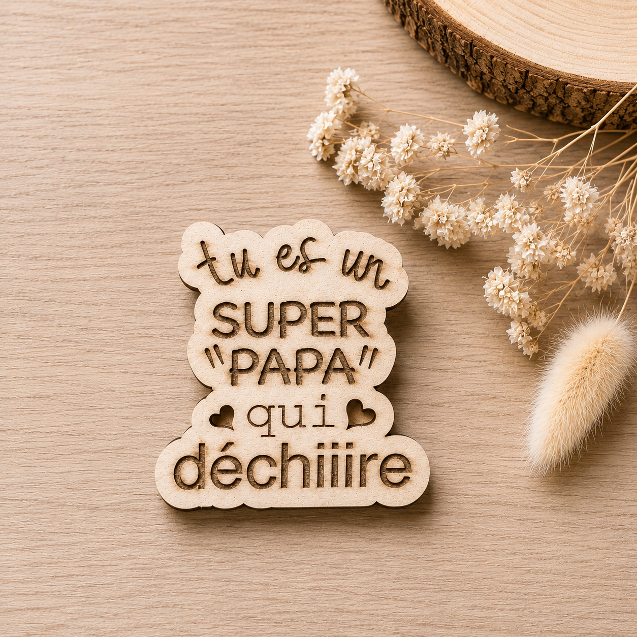 Magnet "papa qui déchire" — fêtes en bois gravé, fait main