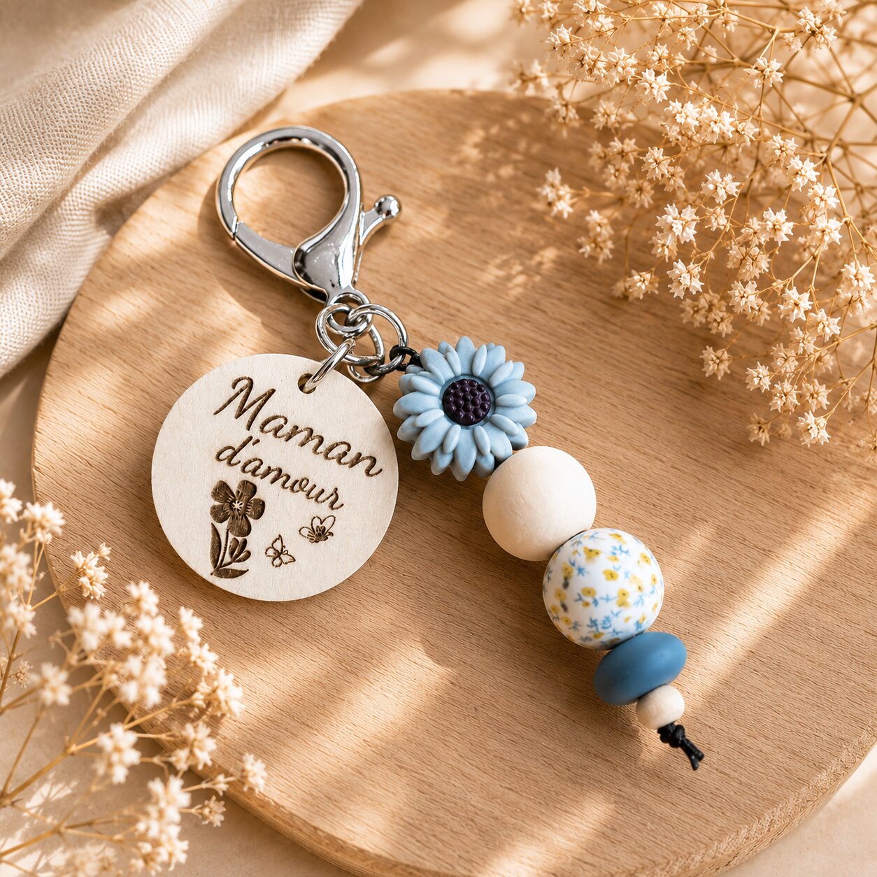 Porte clé bleu "maman d'amour" — spécial maman — création artisanale Scrapnwood