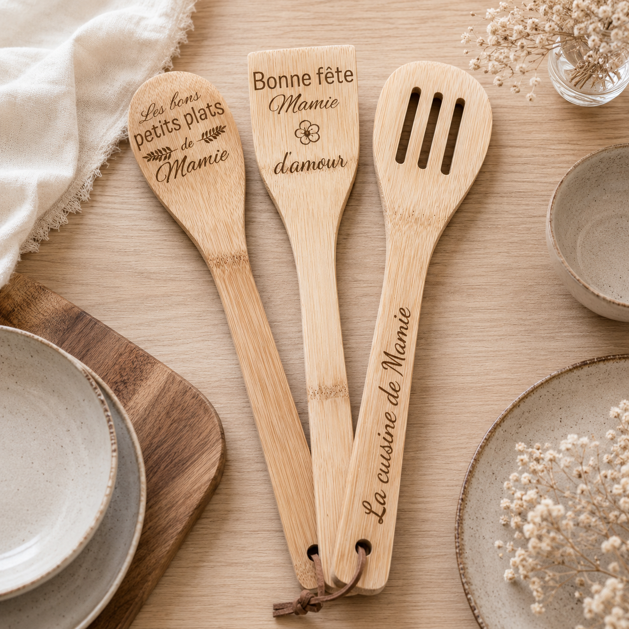 Ustensiles en bois mamie — fêtes en bois gravé, fait main