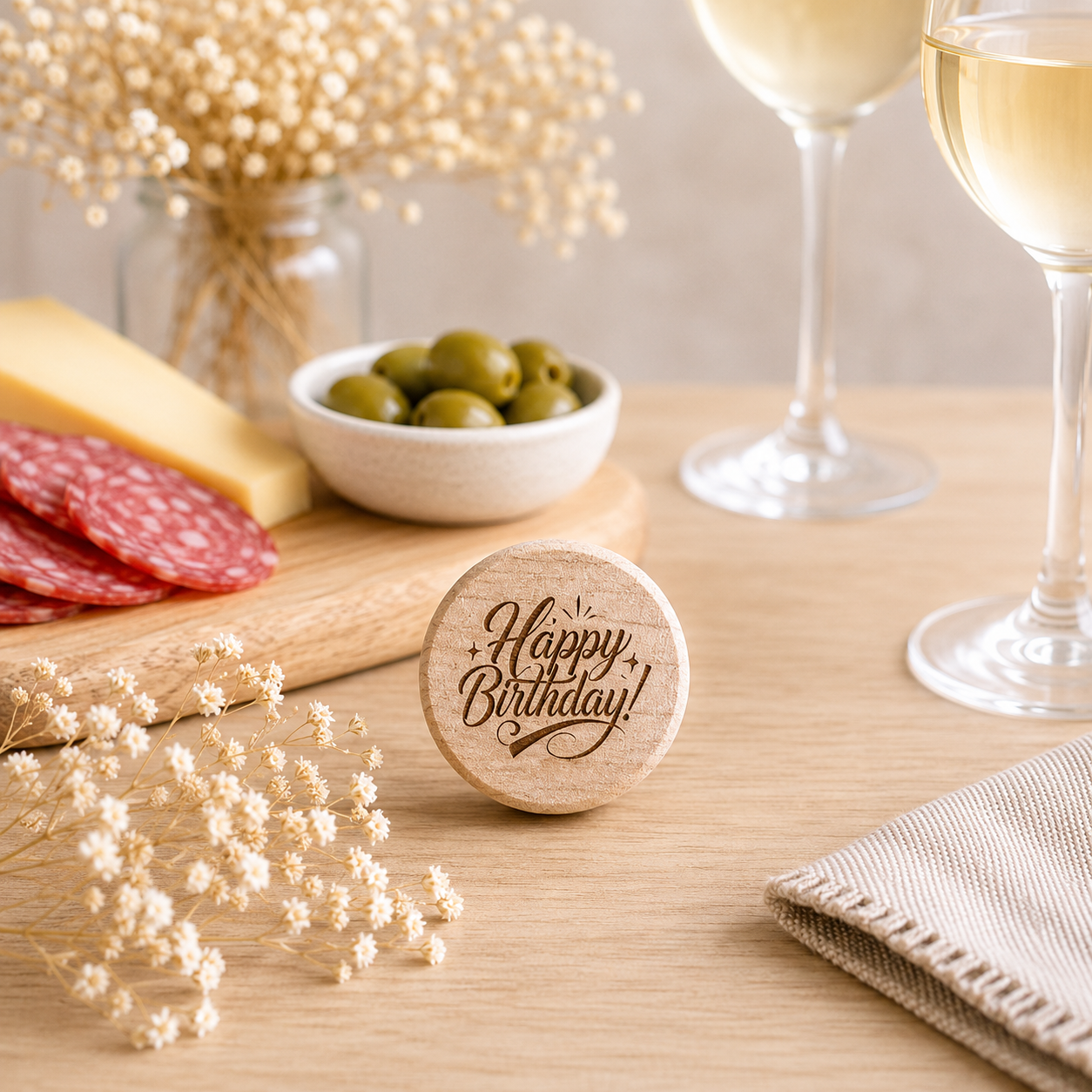 Bouchon "happy birthday" — bouchons de bouteille en bois gravé, fait main