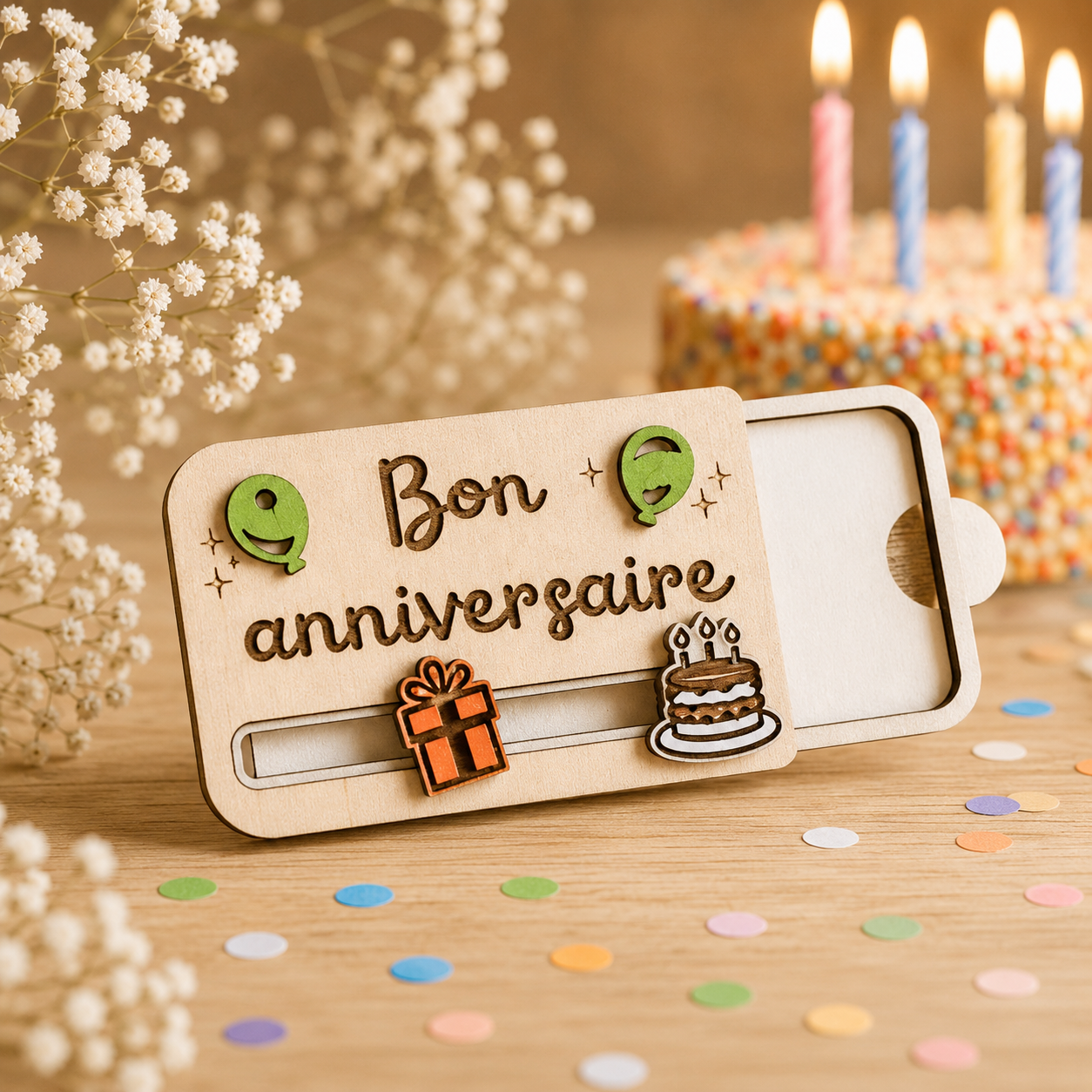 Carte cadeau anniversaire — cartes cadeau gravées en bois gravé, fait main