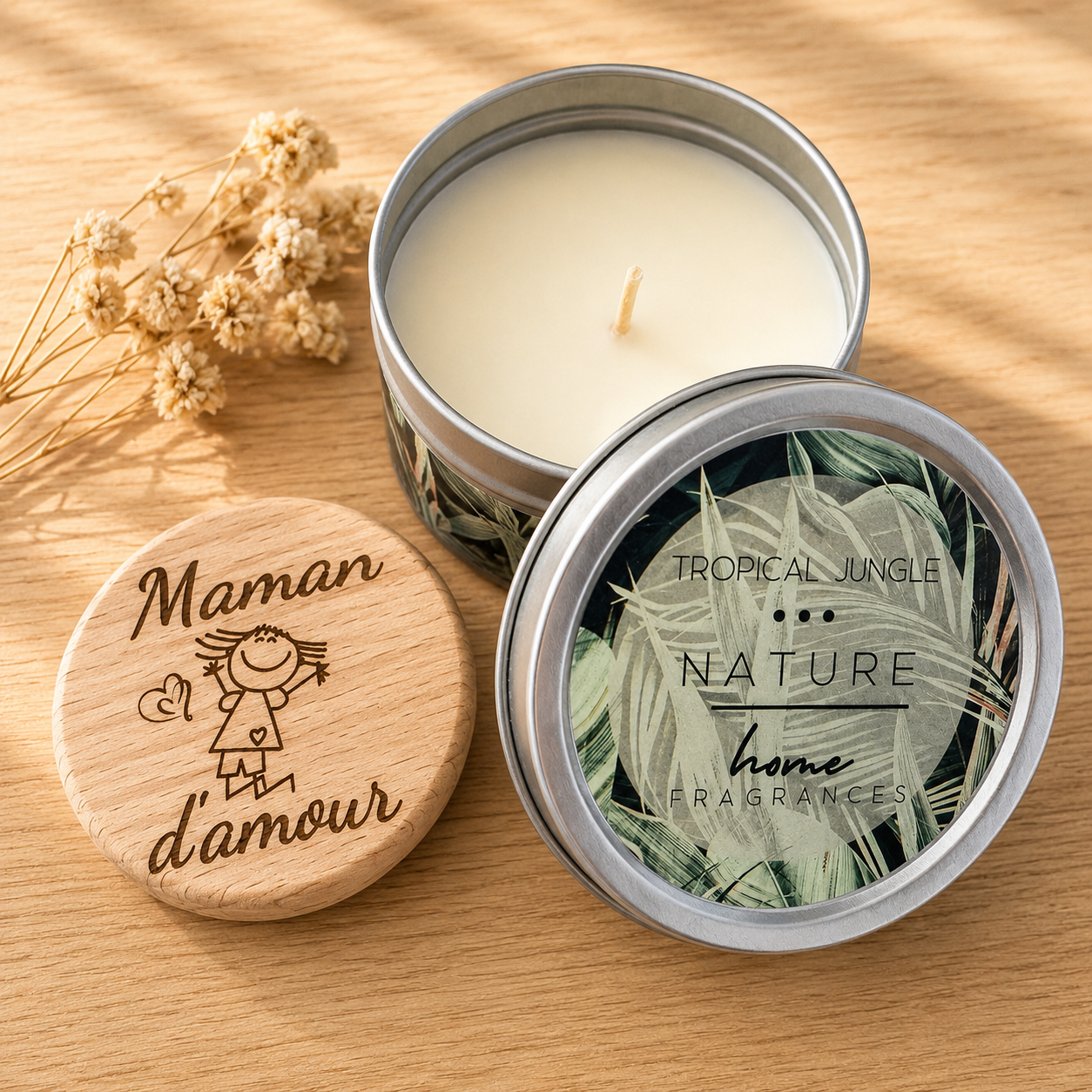Bougie parfumée et son magnet — spécial maman en bois gravé, fait main