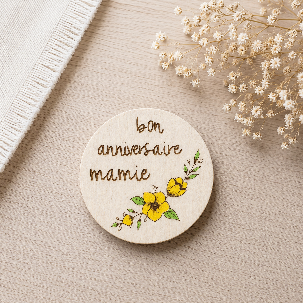 Magnet anniversaire mamie — fêtes en bois gravé, fait main