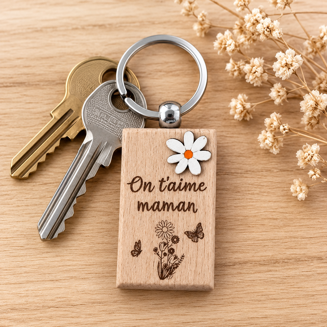 Porte clé "on t'aime maman" — spécial maman en bois gravé, fait main