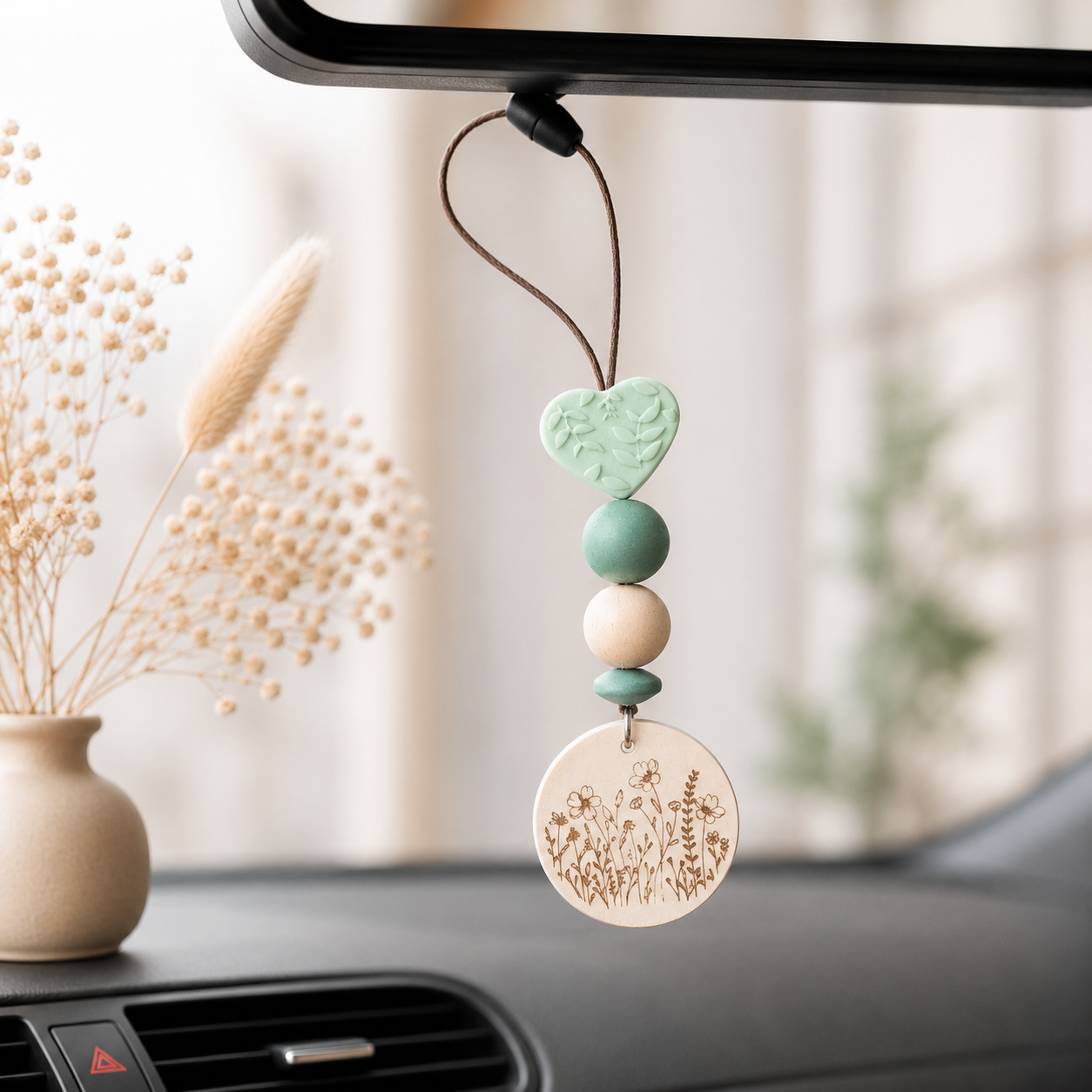 Breloque de voiture coeur — charms et bijoux de voiture en bois gravé, fait main