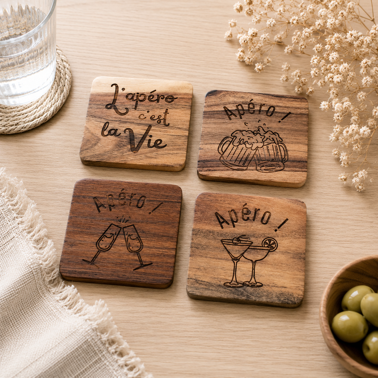 Lot de 4 dessous de verre — dessous de verre et de tasse en bois gravé, fait main