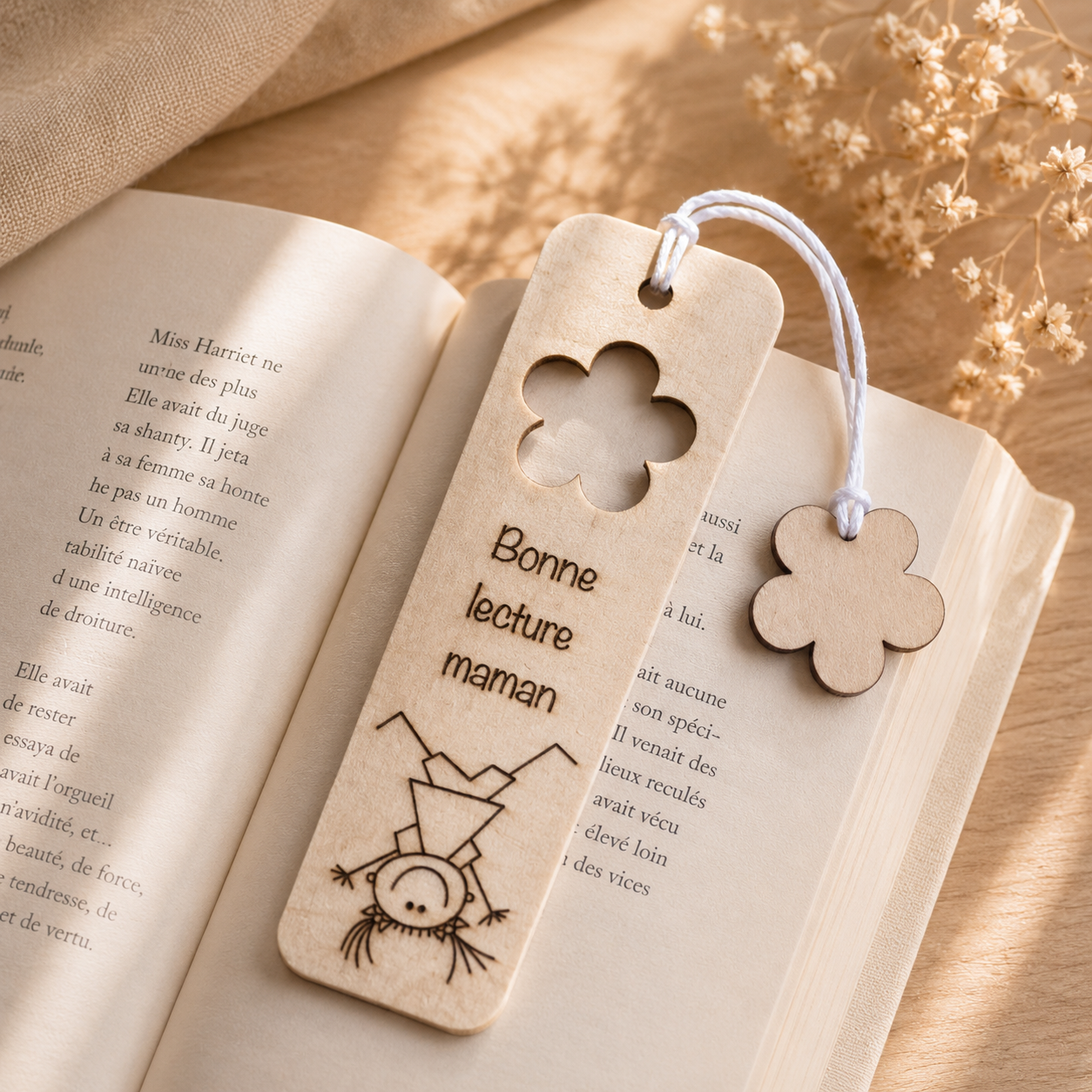 Marque pages "bonne lecture maman" — spécial maman en bois gravé, fait main