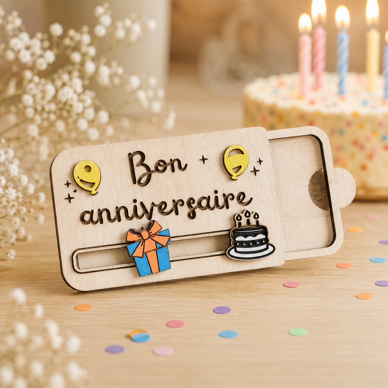 Carte cadeau anniversaire — cartes cadeau gravées en bois gravé, fait main