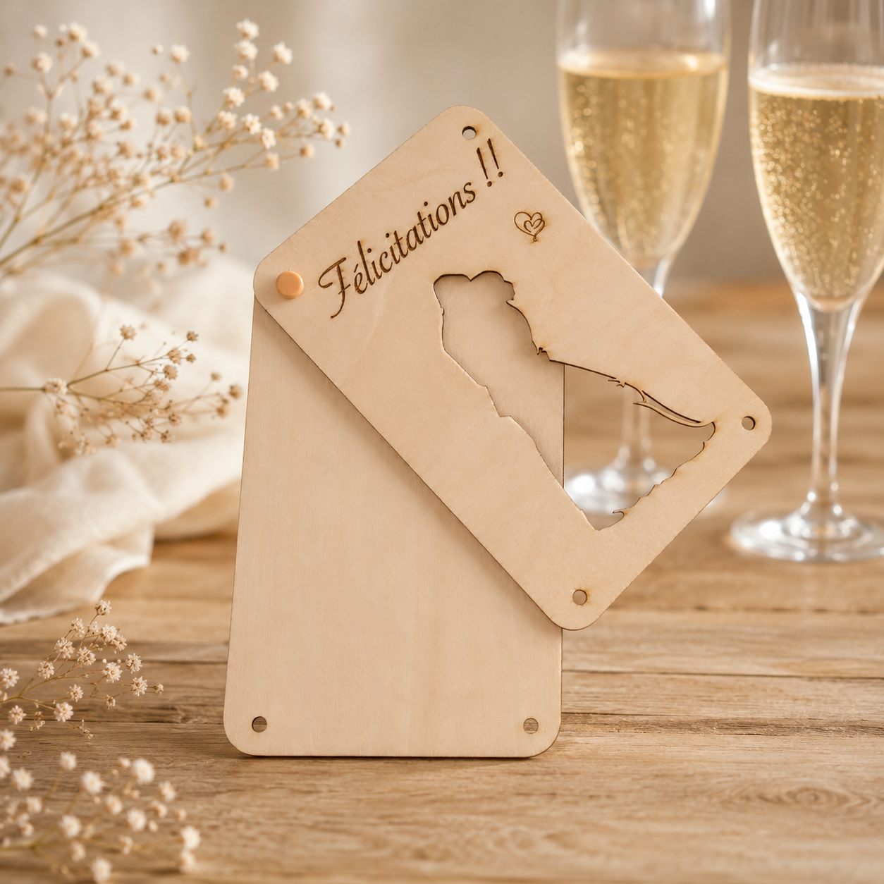 Carte cadeau mariage — cartes cadeau gravées en bois gravé, fait main
