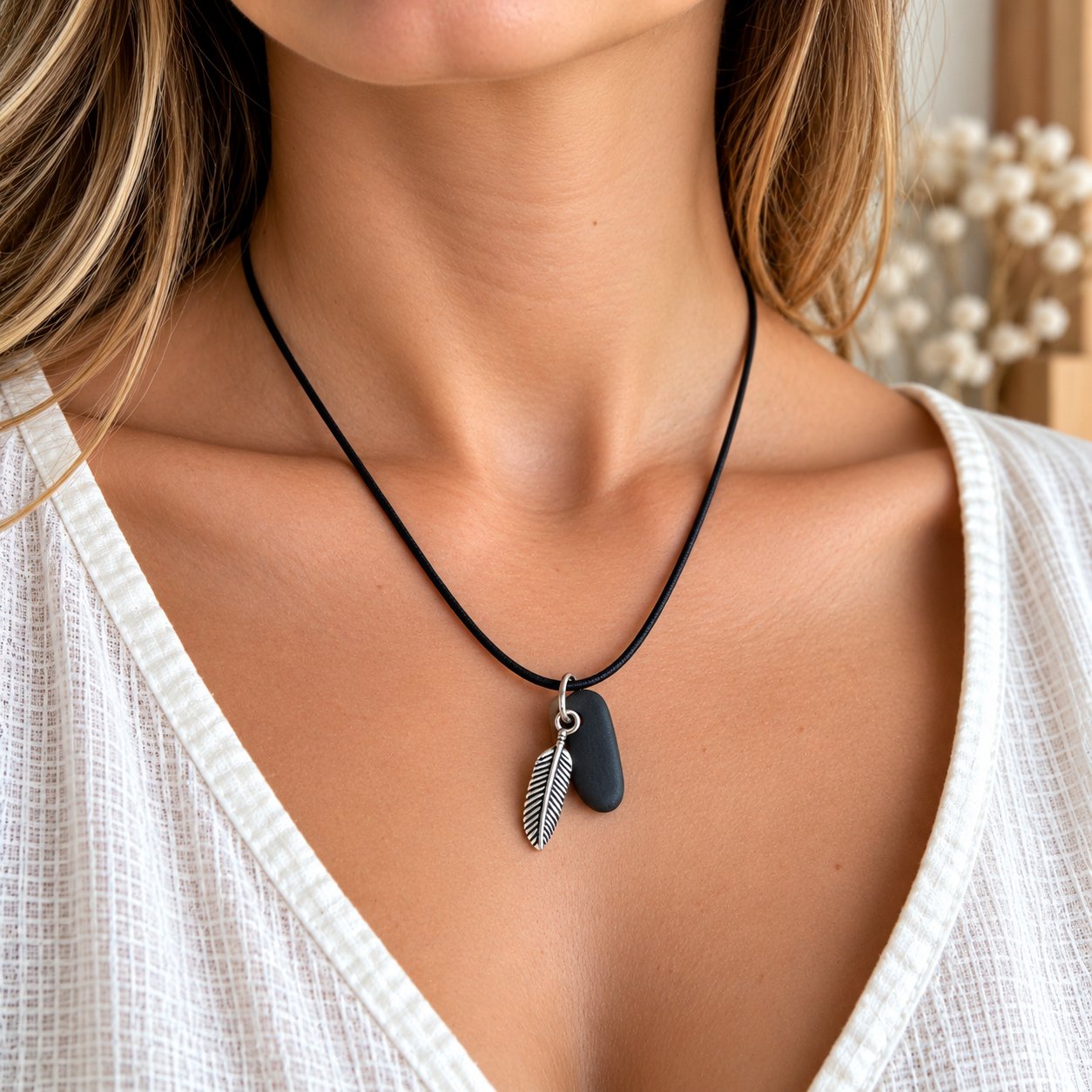 Collier galet plume — bijoux — création artisanale Scrapnwood