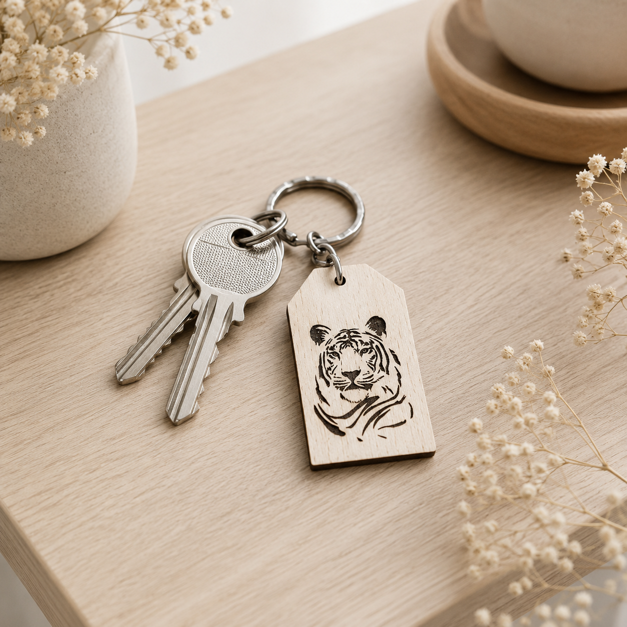 Porte clé en bois tigre — portes clés en bois gravé, fait main