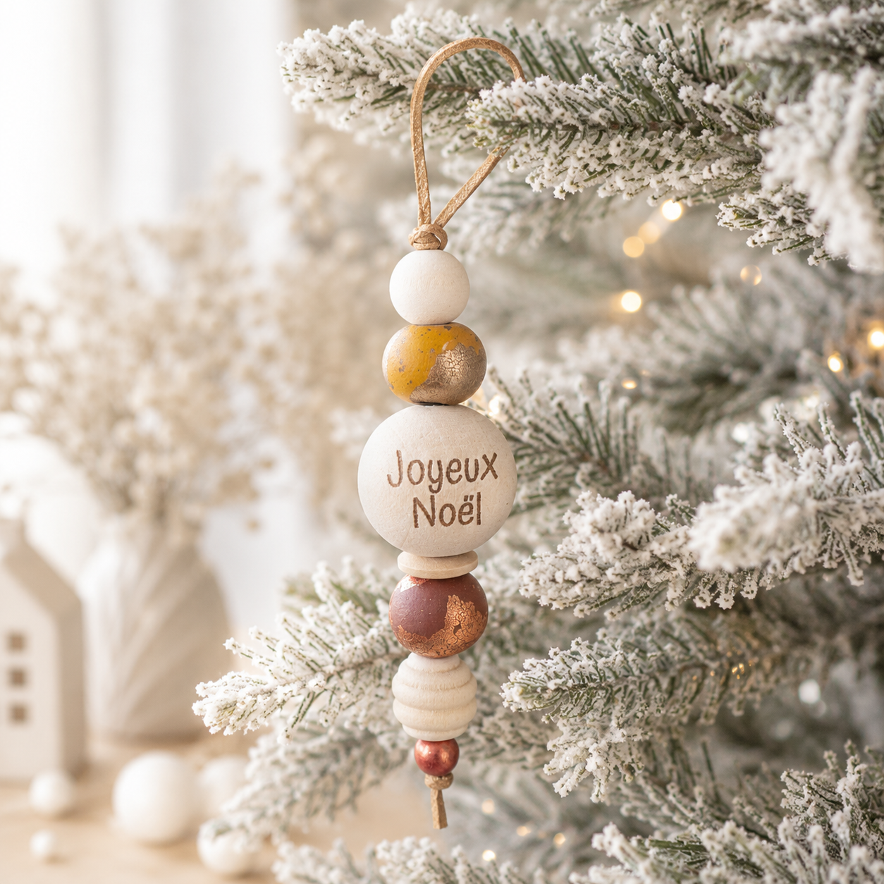Ornement perles de bois — noël en bois gravé, fait main