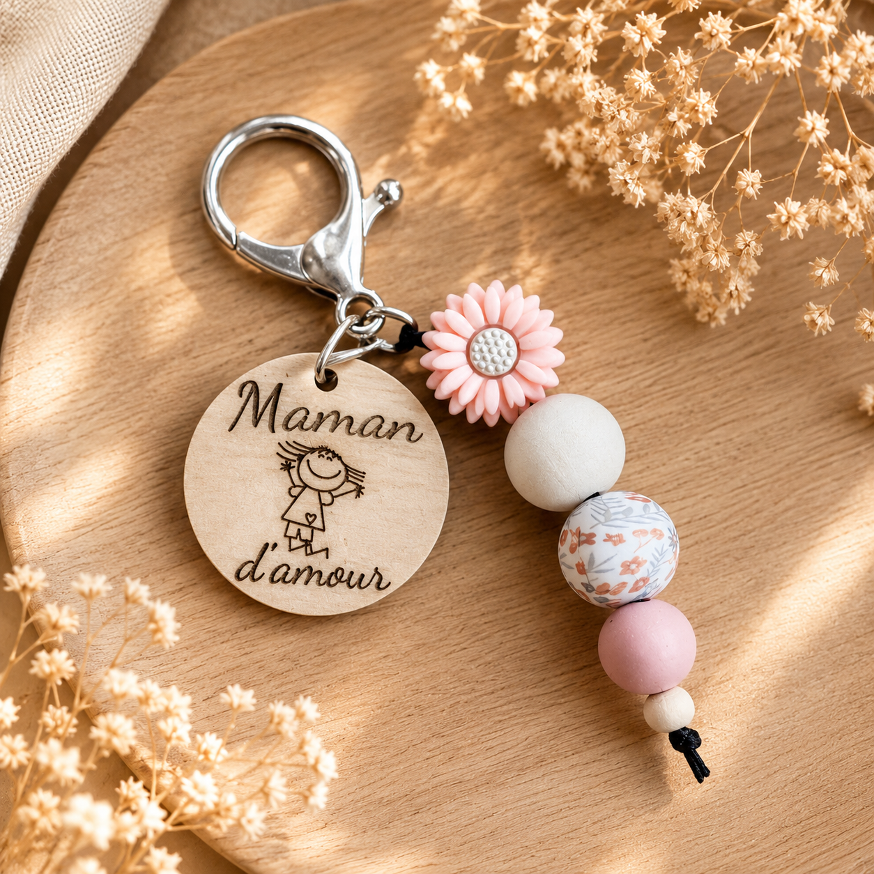 Porte clé rose "maman d'amour" — spécial maman en bois gravé, fait main