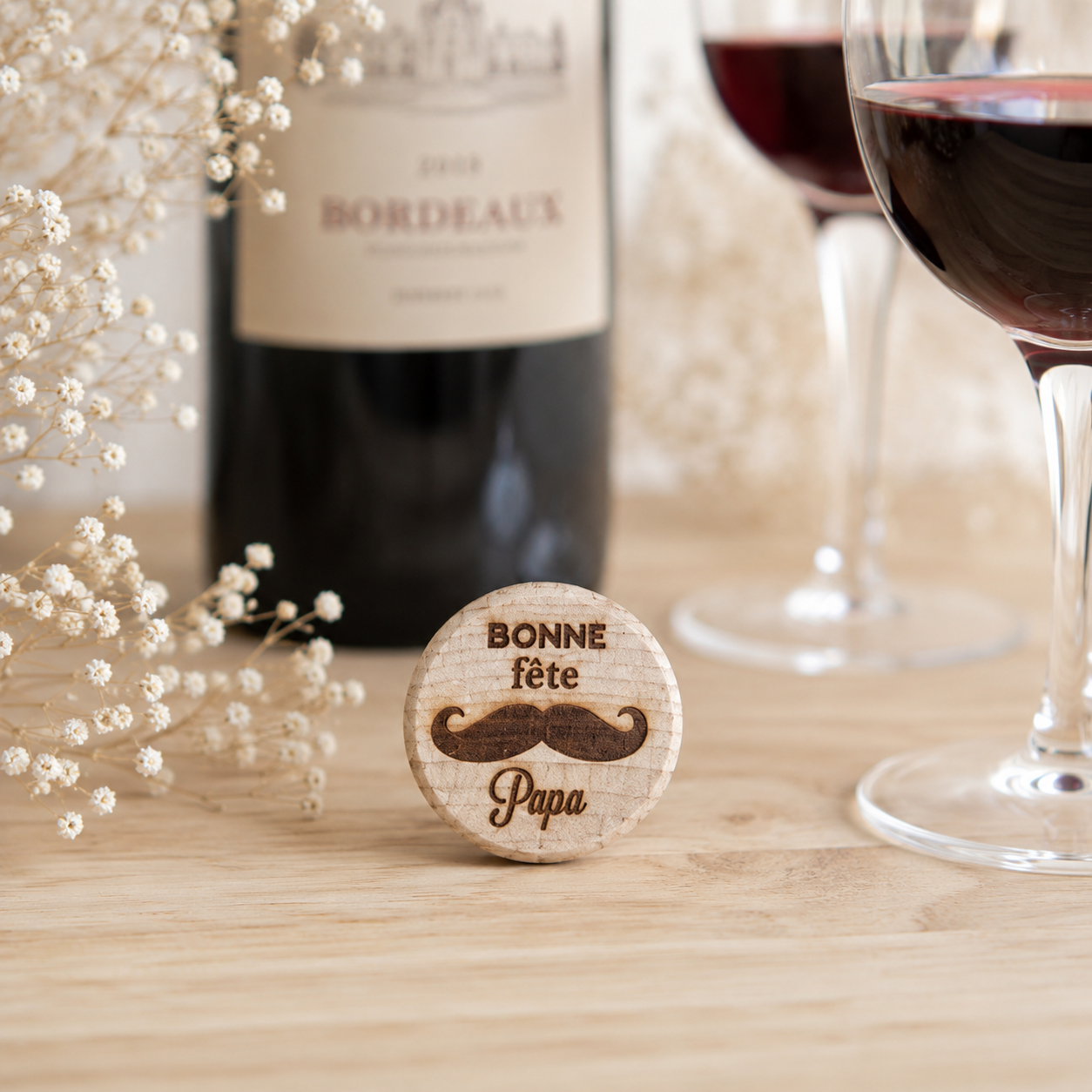 Bouchon "bonne fête papa" — bouchons de bouteille en bois gravé, fait main