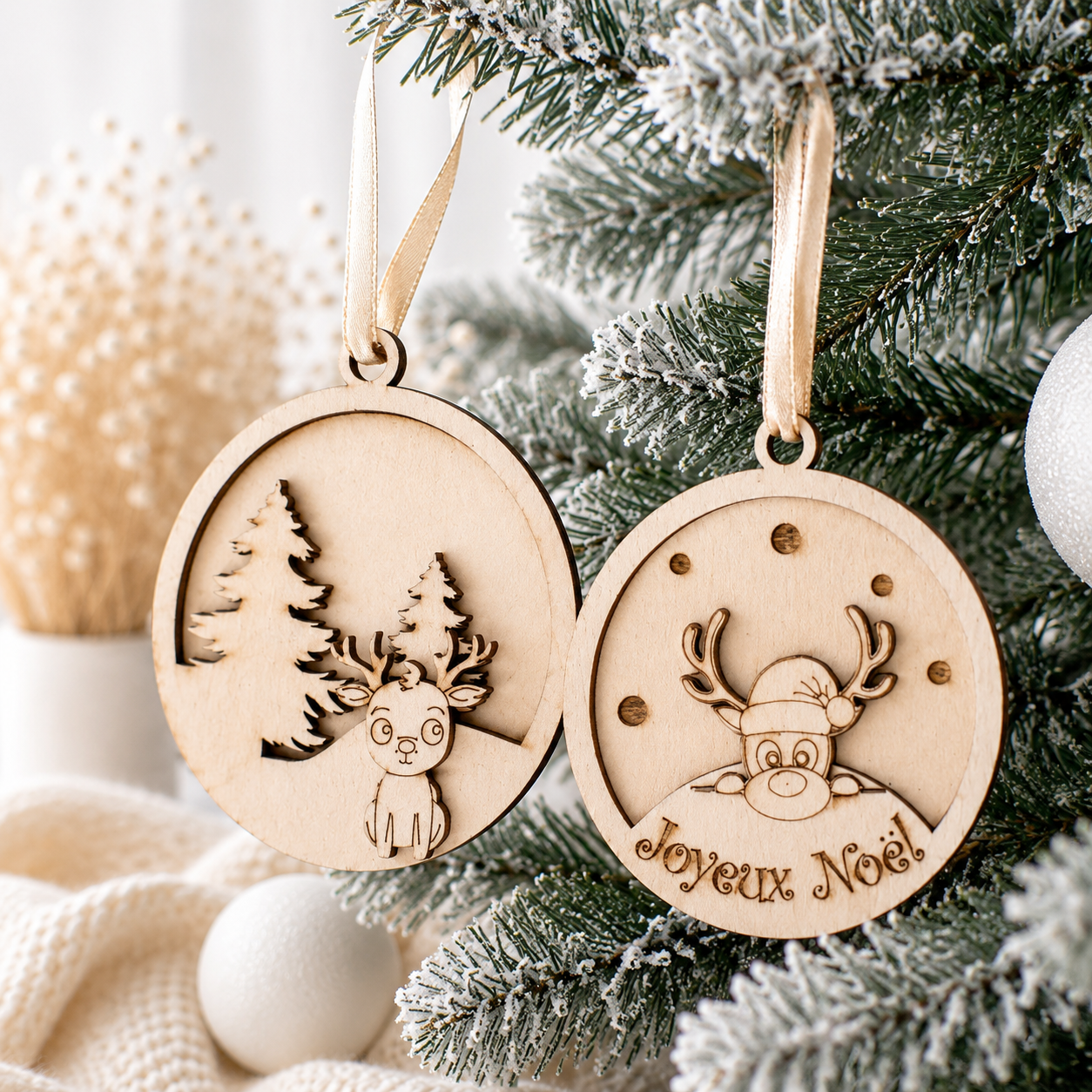Boule en bois renne — noël en bois gravé, fait main