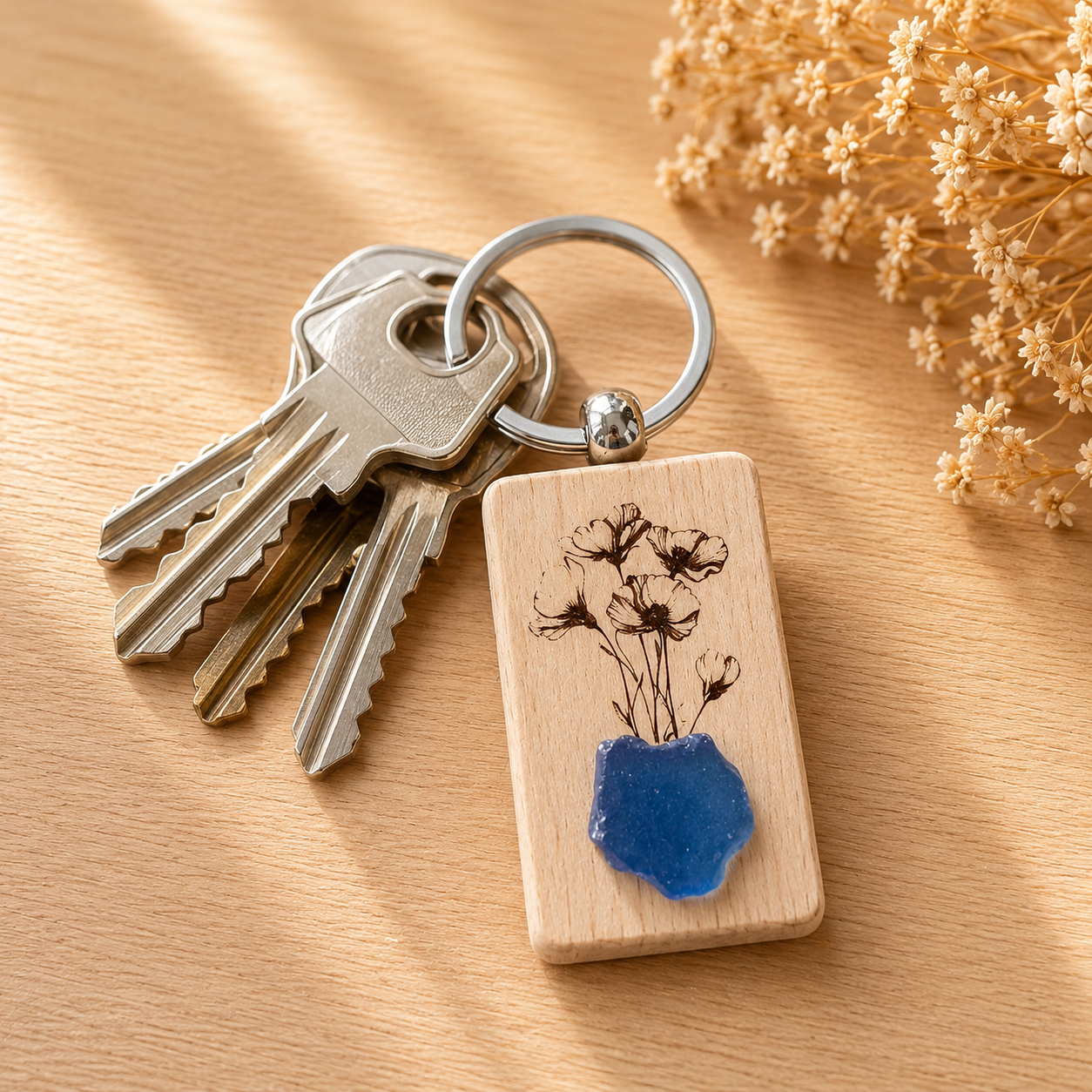 Porte clé verre poli — spécial maman en bois gravé, fait main