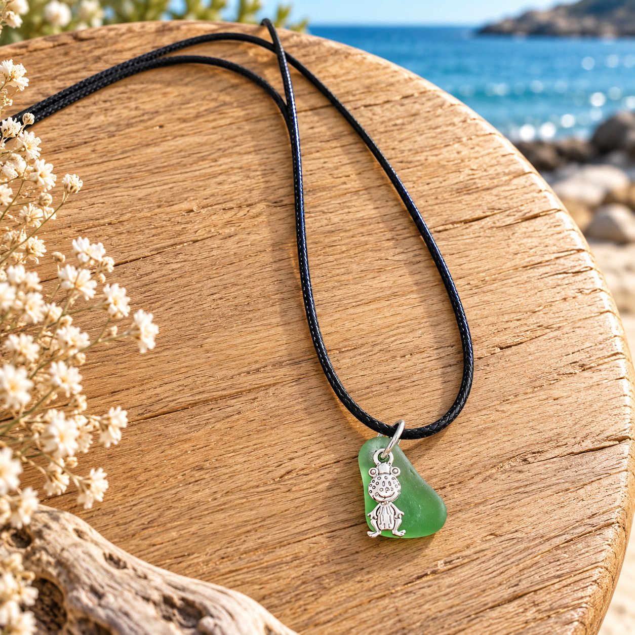 Collier verre poli grenouille