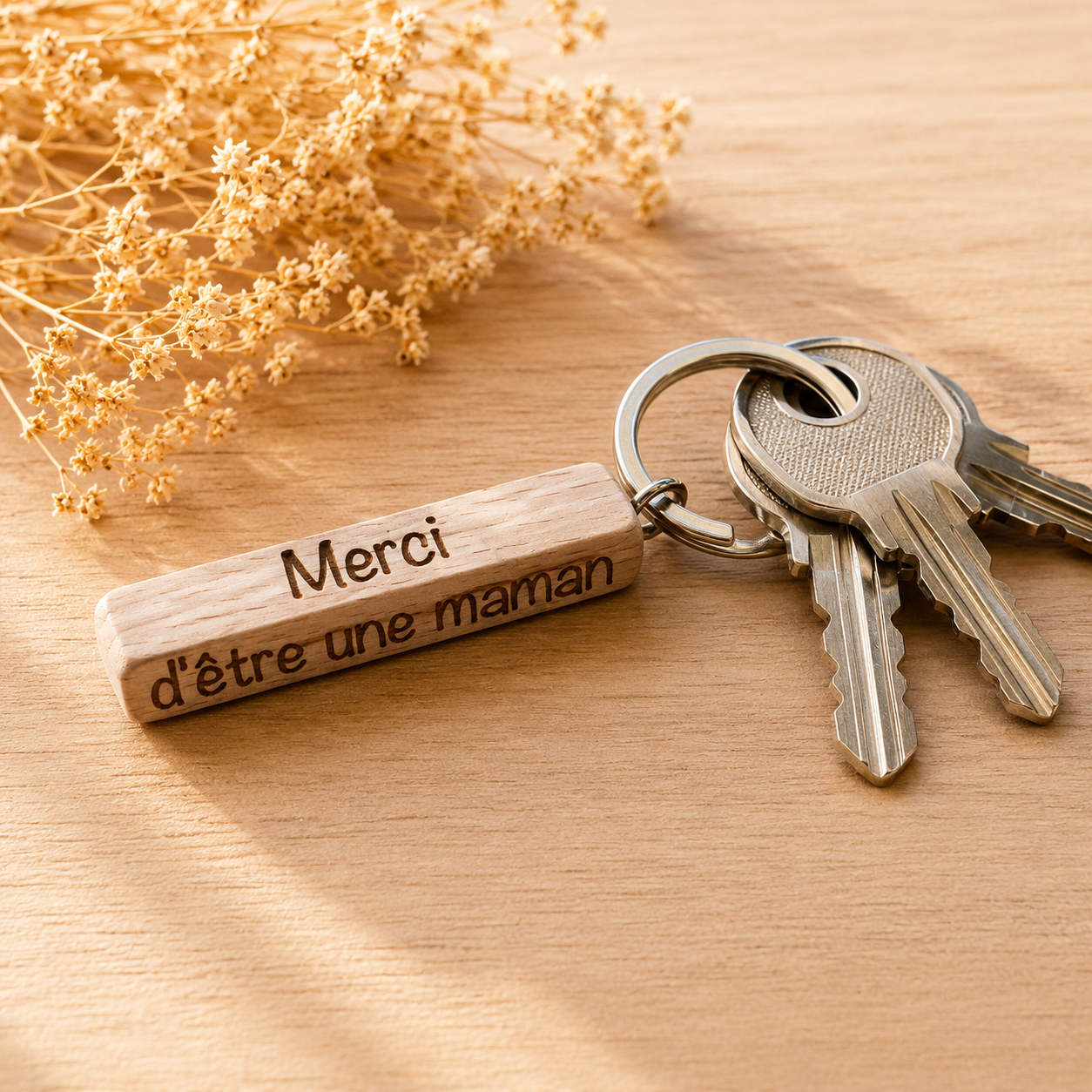 Porte clé message — spécial maman en bois gravé, fait main