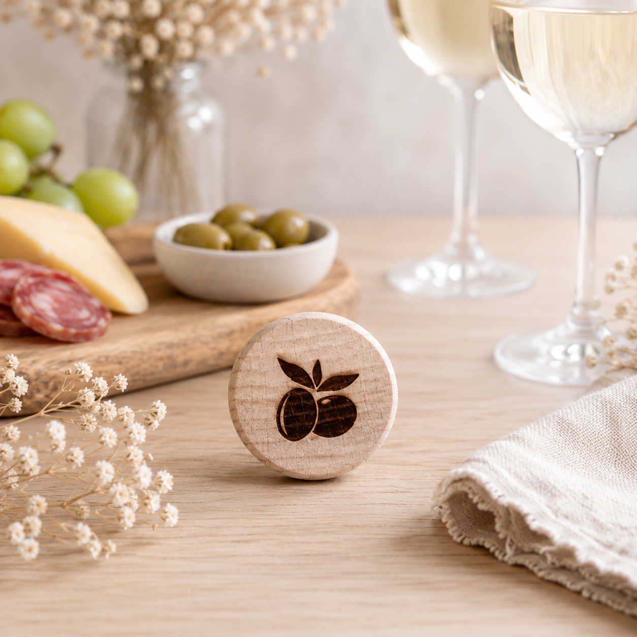Bouchon "olives" — bouchons de bouteille en bois gravé, fait main