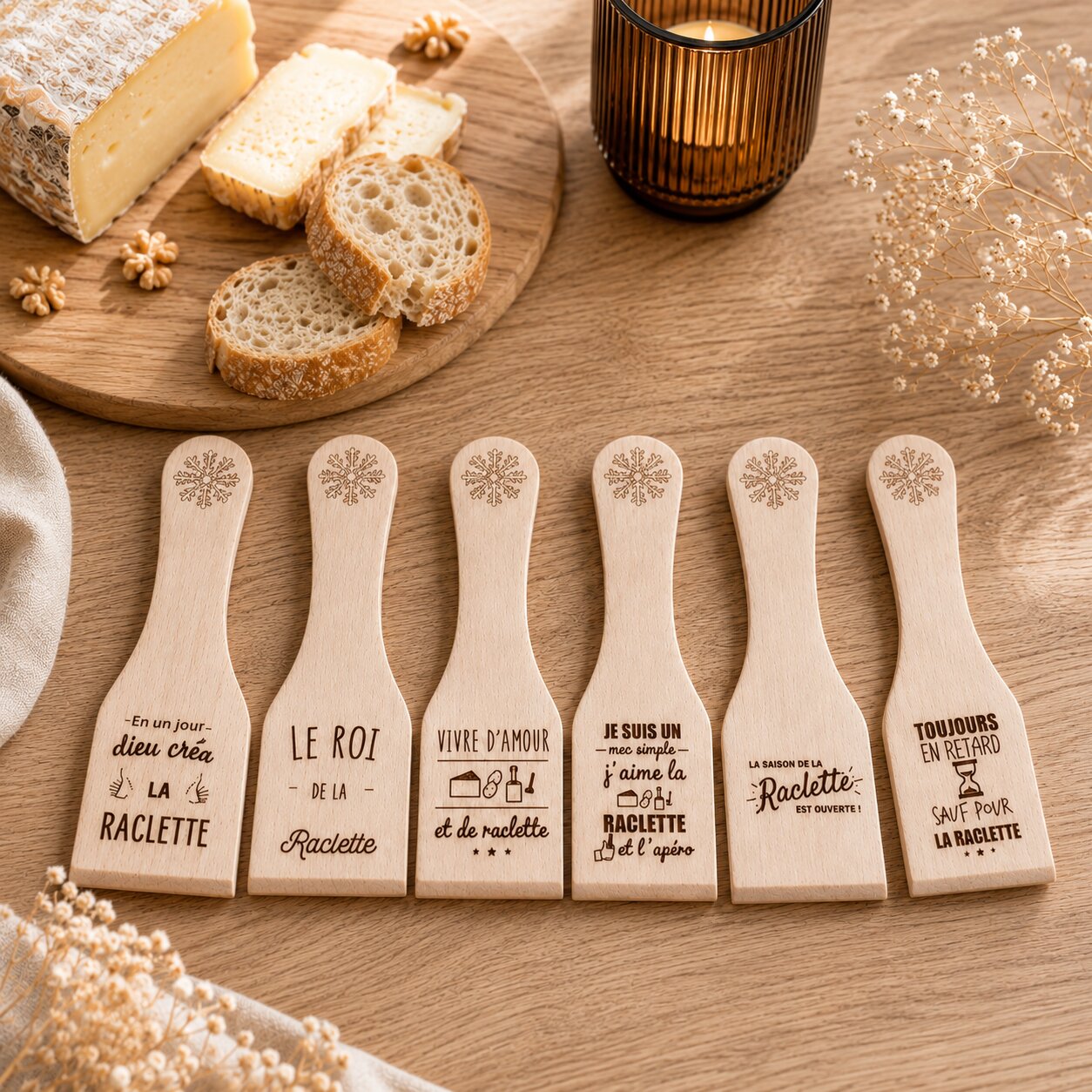 Lot de 6 palettes à raclette — palettes à raclette et couverts — création artisanale Scrapnwood