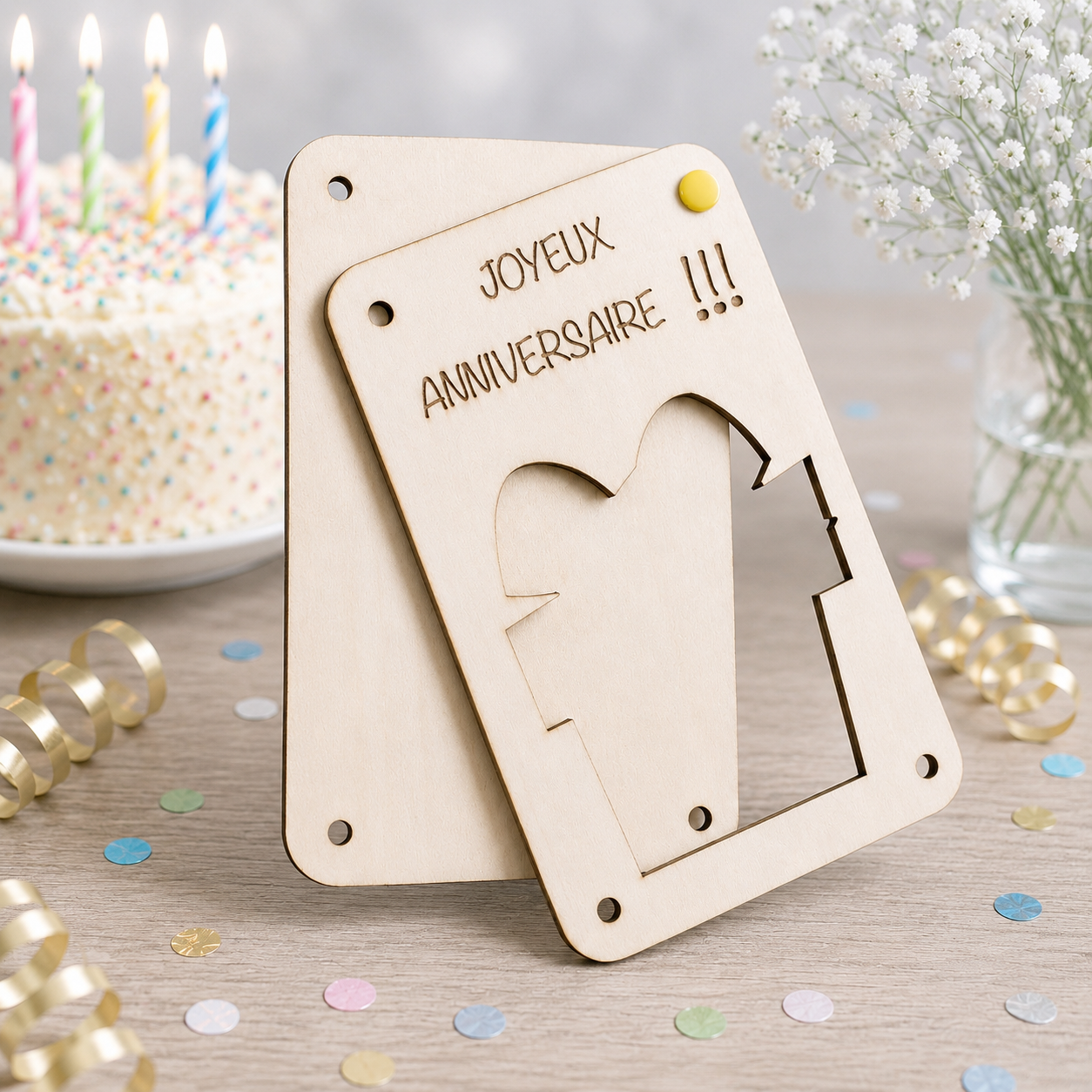 Carte cadeau anniversaire — cartes cadeau gravées en bois gravé, fait main