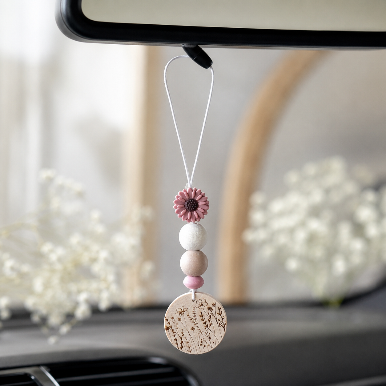 Breloque de voiture fleur — charms et bijoux de voiture en bois gravé, fait main