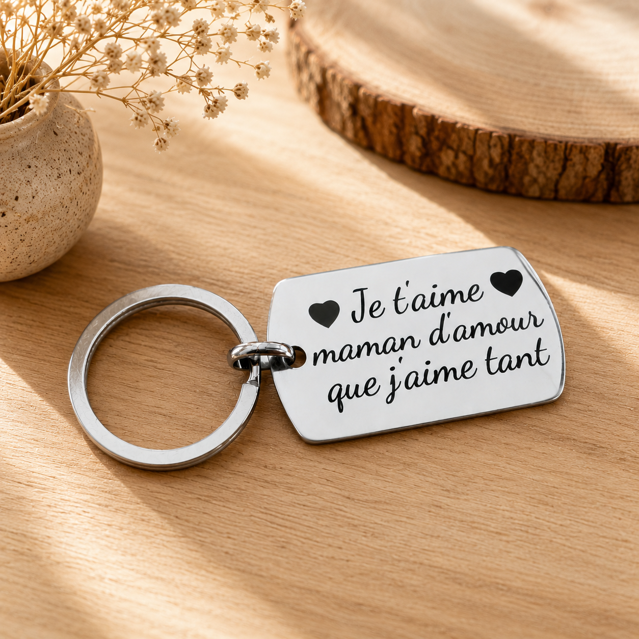Porte clé métal — spécial maman en bois gravé, fait main