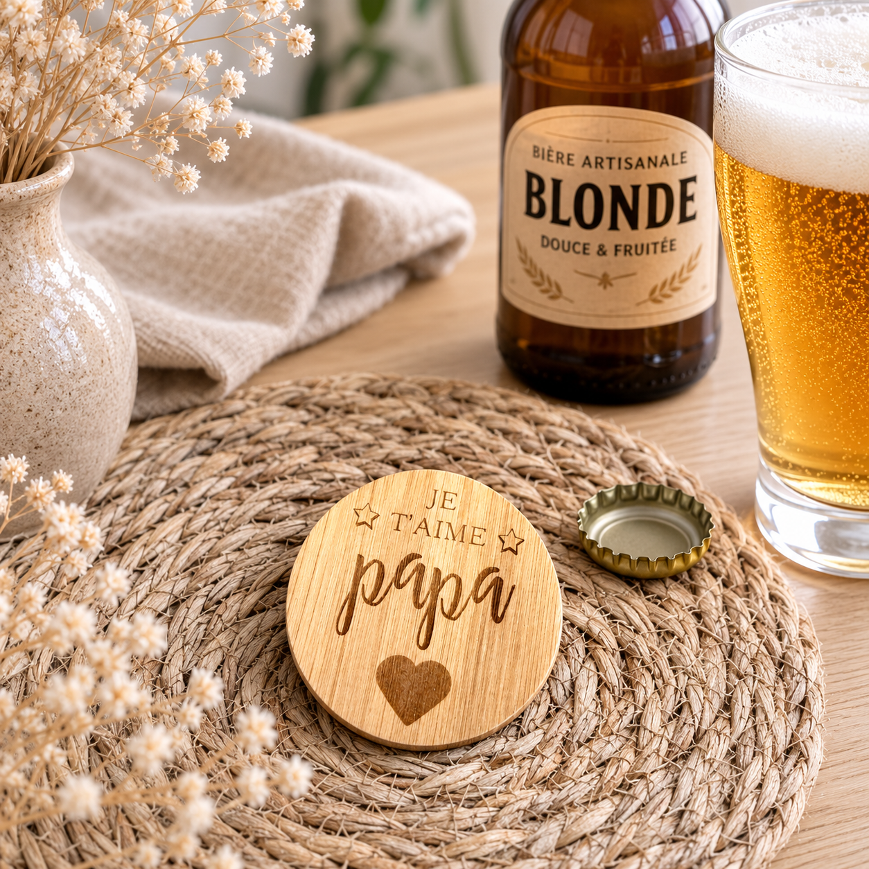 Décapsuleur bois rond — fêtes en bois gravé, fait main