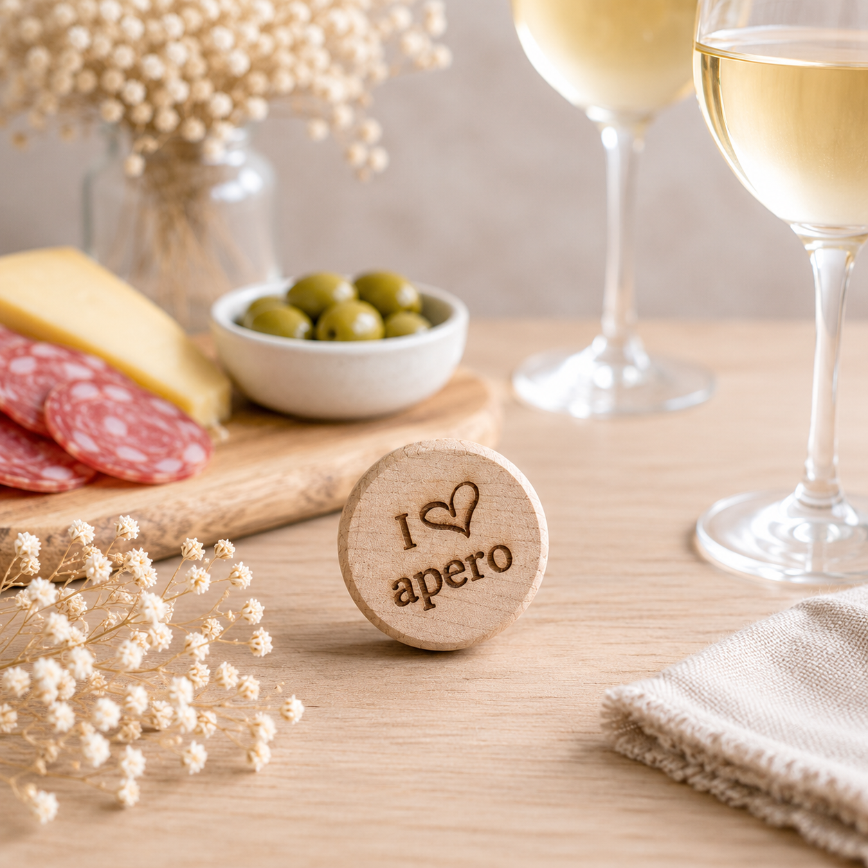 Bouchon " I love apéro" — bouchons de bouteille en bois gravé, fait main
