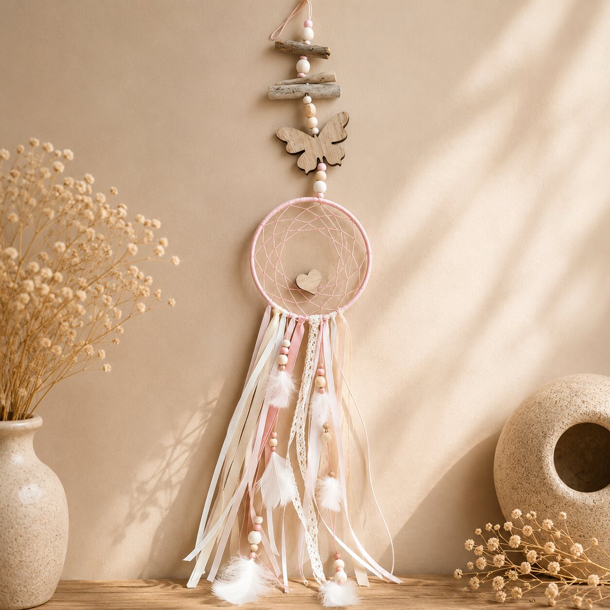 Attrape rêves rose — attrapes rêves — création artisanale Scrapnwood