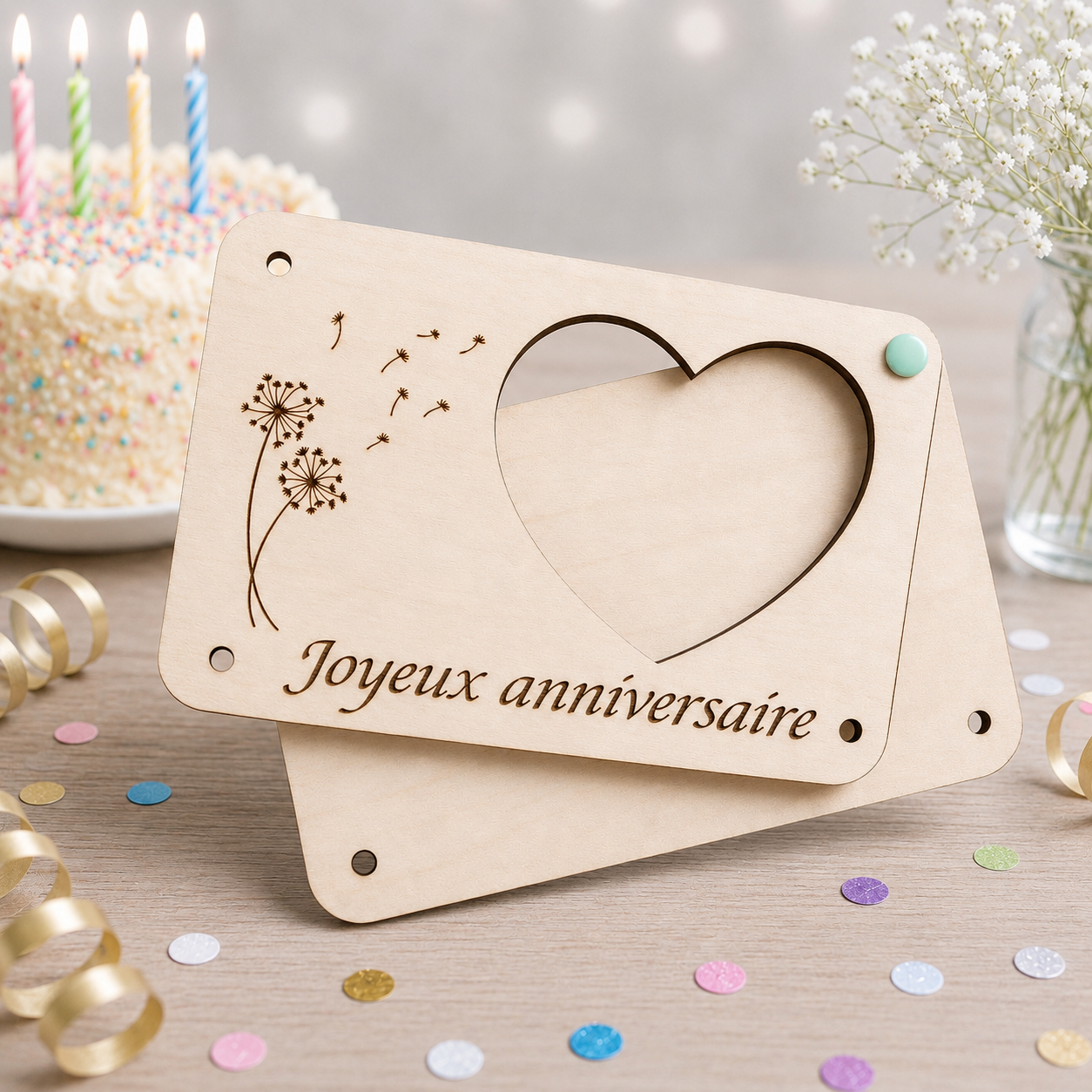 Carte cadeau anniversaire — cartes cadeau gravées en bois gravé, fait main